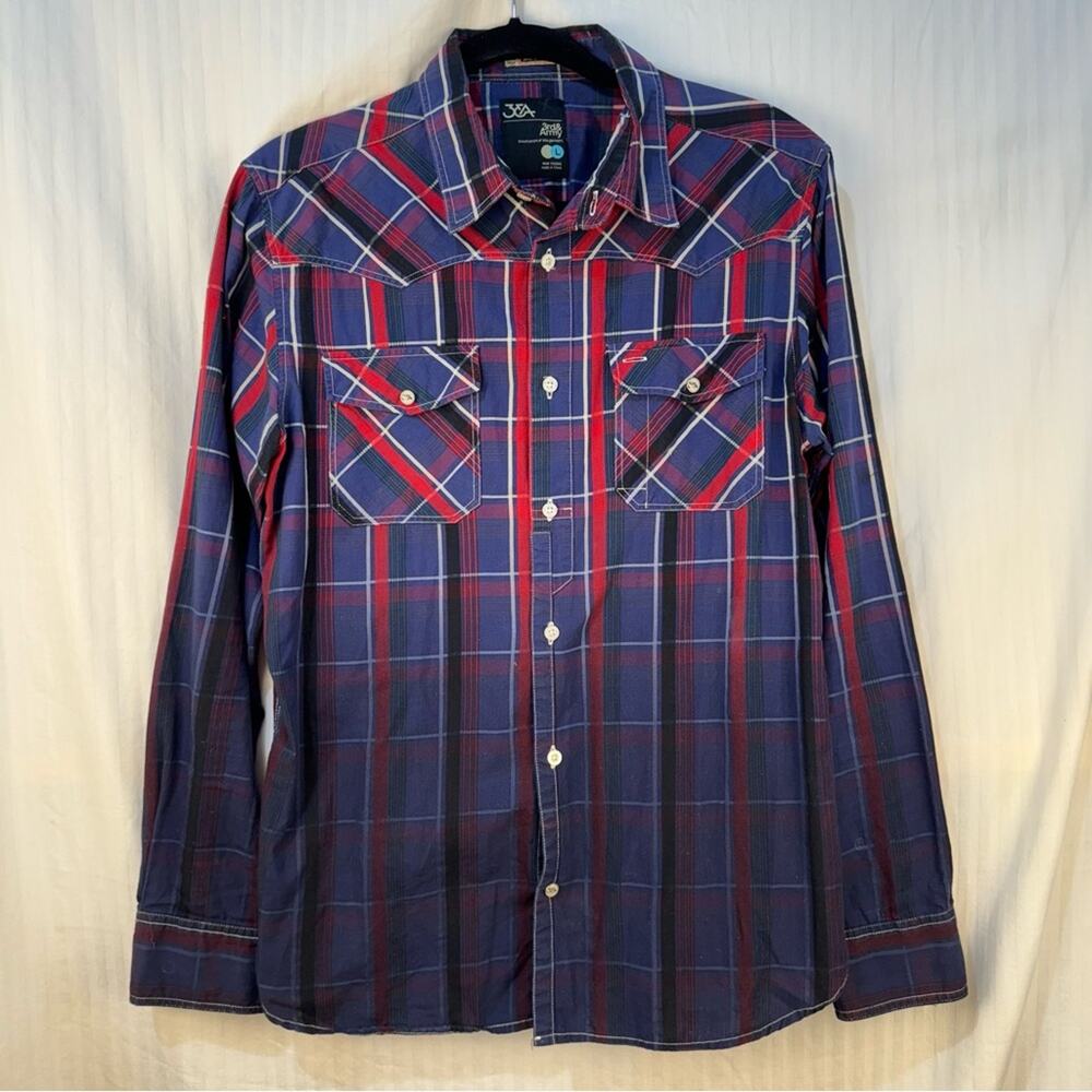 3rd & Army Snap Button-Down Red Blue Ombré Plaid Shirt Size Large Western